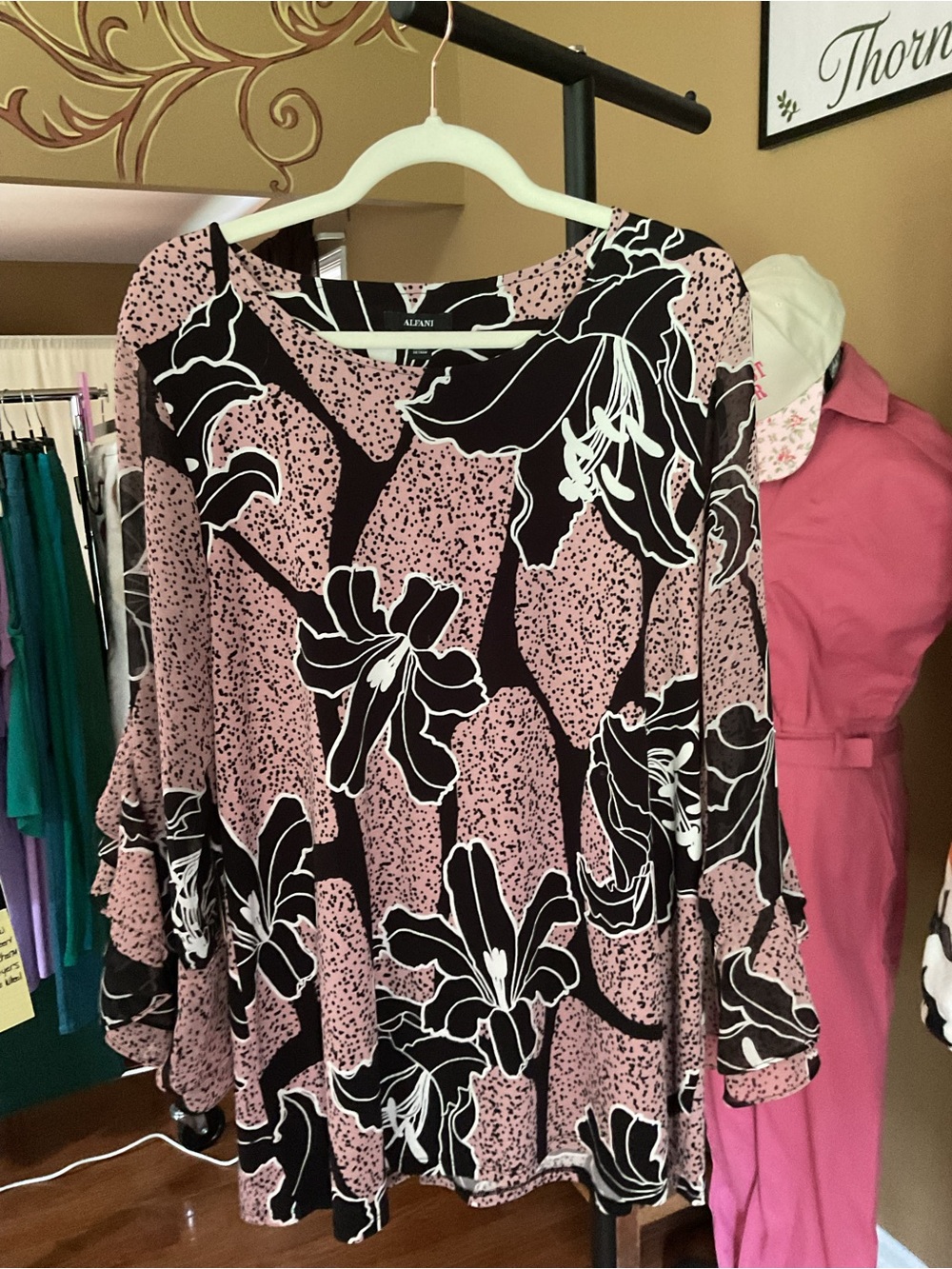 Alfani Pink, Black & White Floral Bell-Sleeve Tunic